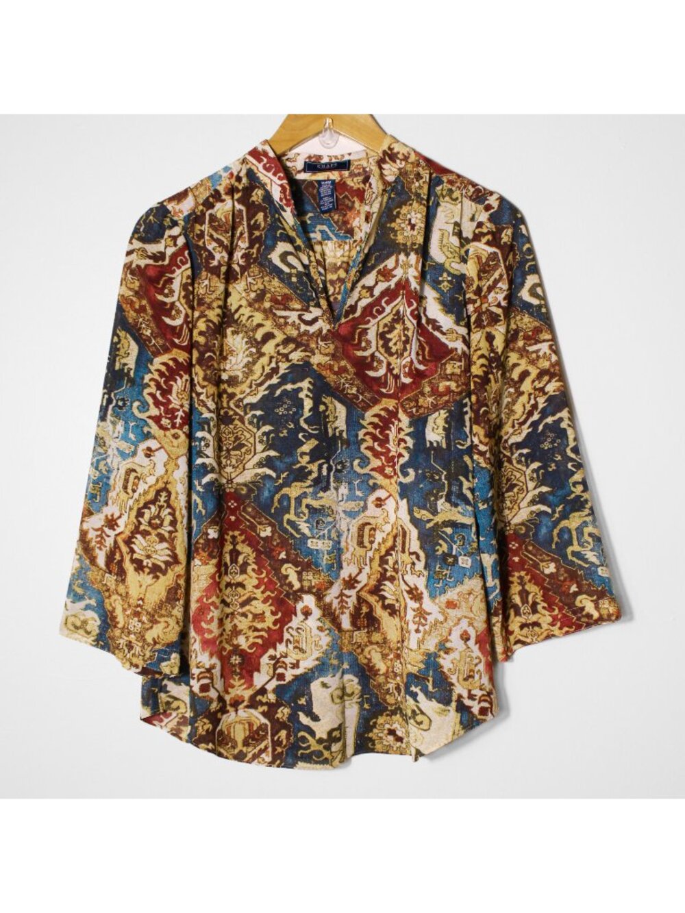 Chaps Denim Regal Abstract Print Sheer Popover Top 3/4 Sleeve Earth Tones M